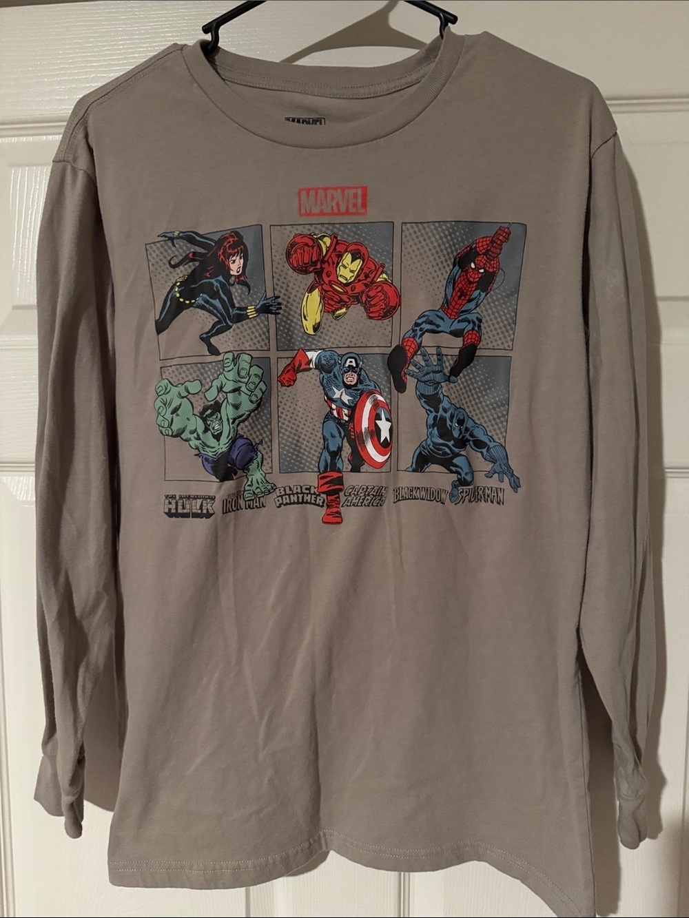 Marvel Graphic Long Sleeve Tee - Taupe with Red, Blue, Green, Yellow Accents